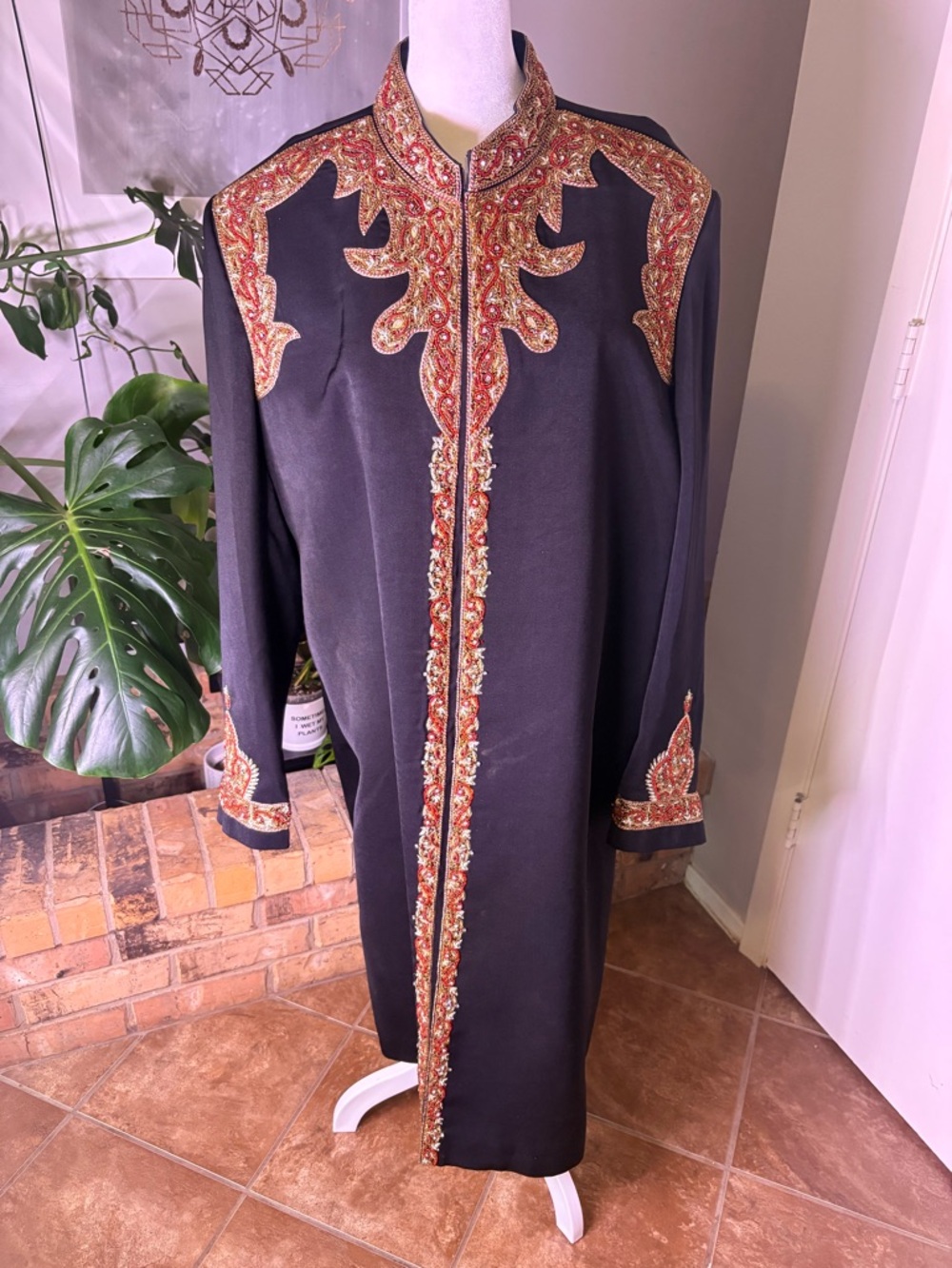 Embellished Black Long Coat with Red-Gold Embroidery